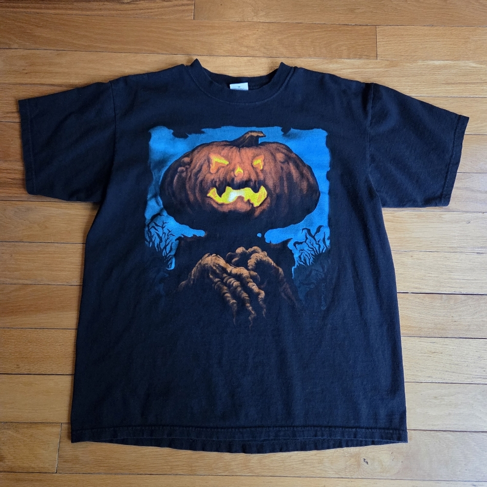 Vintage Wes Benscoter Pumpkin Head Anvil Black Cotton T-Shirt